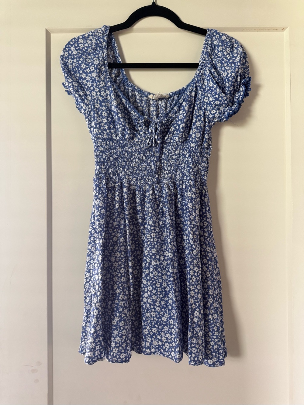 Blue Floral Mini Dress - Smocked Bodice, Puff Sleeves